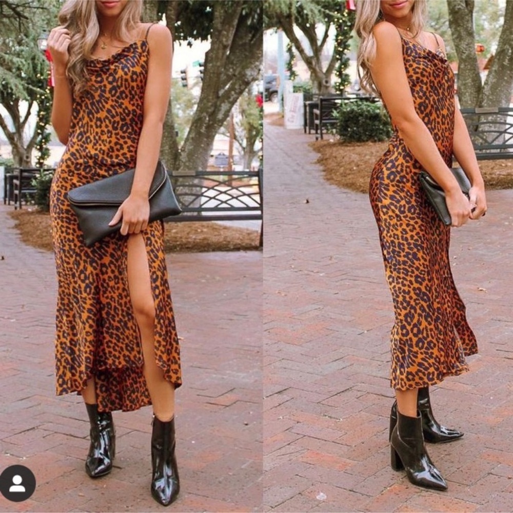 VICI Lombardi Satin Leopard Midi Dress